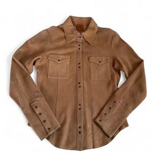 Vintage y2k Genuine Suede Collared Western Boho Snap Button Shirt Blouse ✨